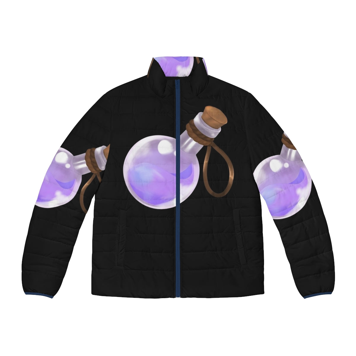 A pastel blue and red puffer jacket with a magical potion design, perfect for RPG enthusiasts.