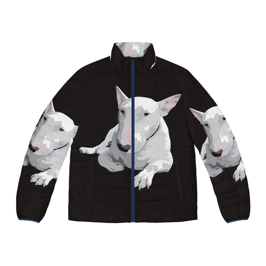 English Bull Terrier wearing a puffer jacket