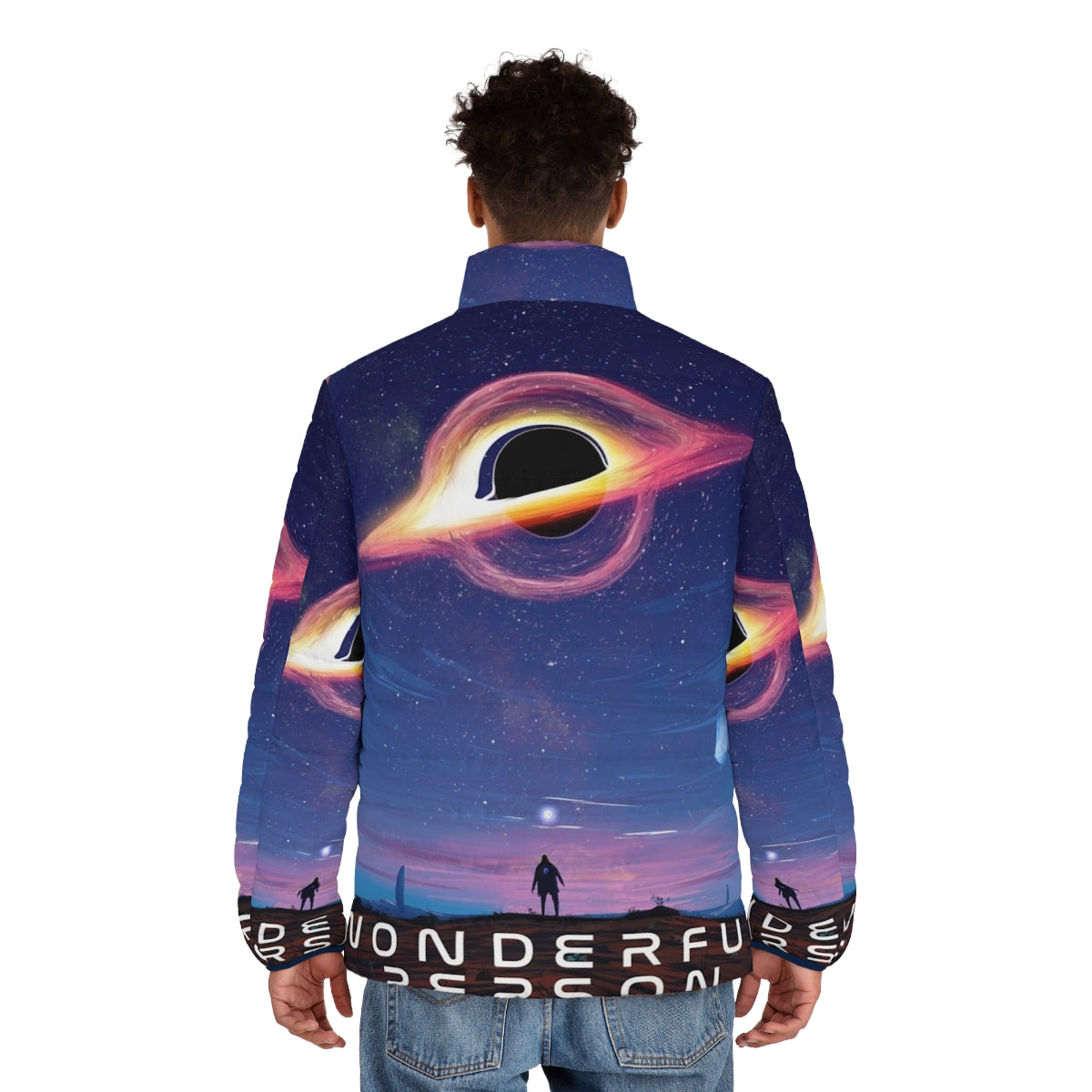 Person wearing a puffer jacket while gazing at the stars - men back