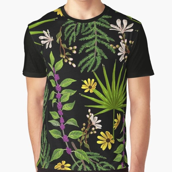 Graphic t-shirt featuring Florida native plants and botanical design