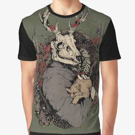 Vintage-inspired graphic t-shirt featuring a dragon, fantasy elements, and a gothic design