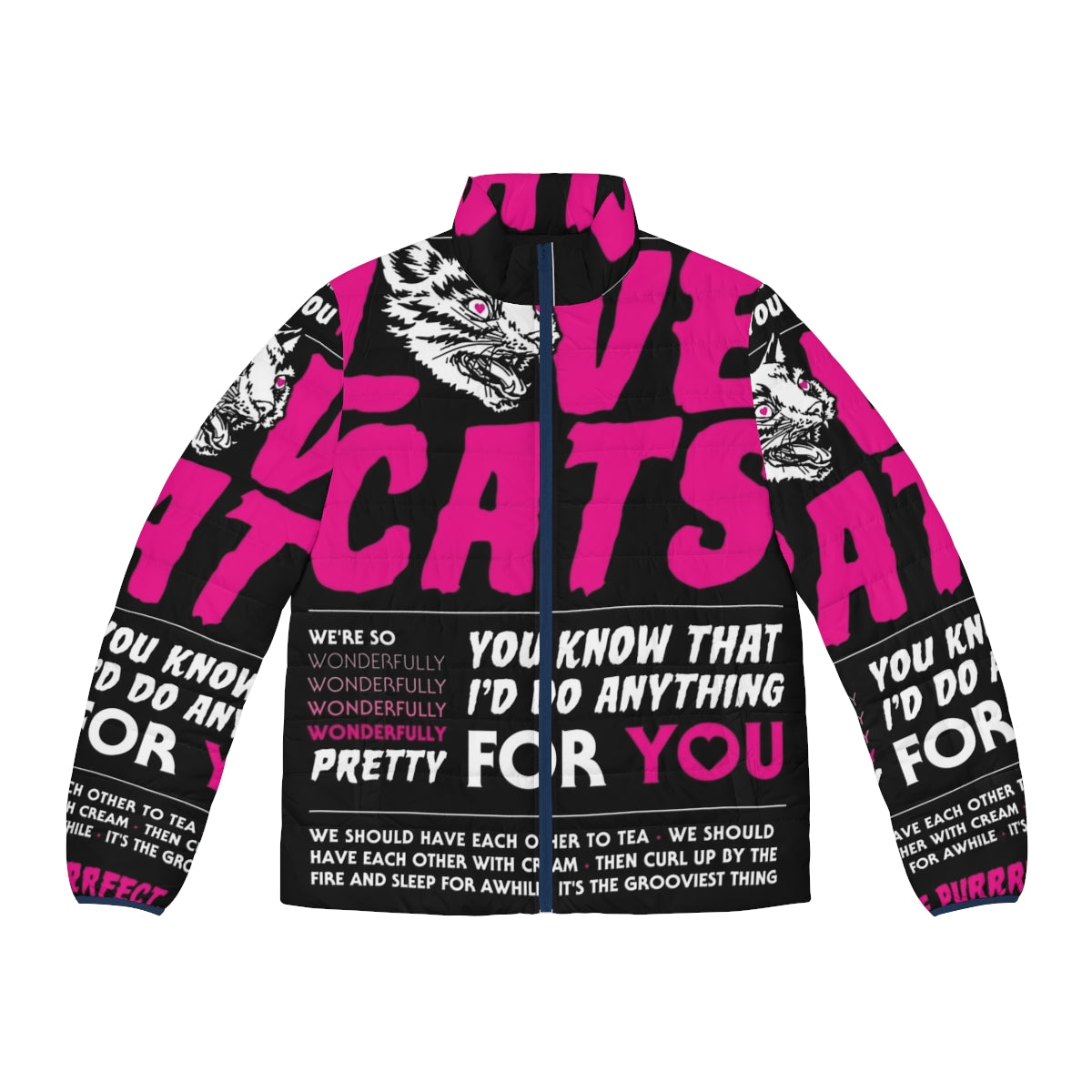 Puffer jacket with a graphic design featuring a cat and The Cure-inspired typography