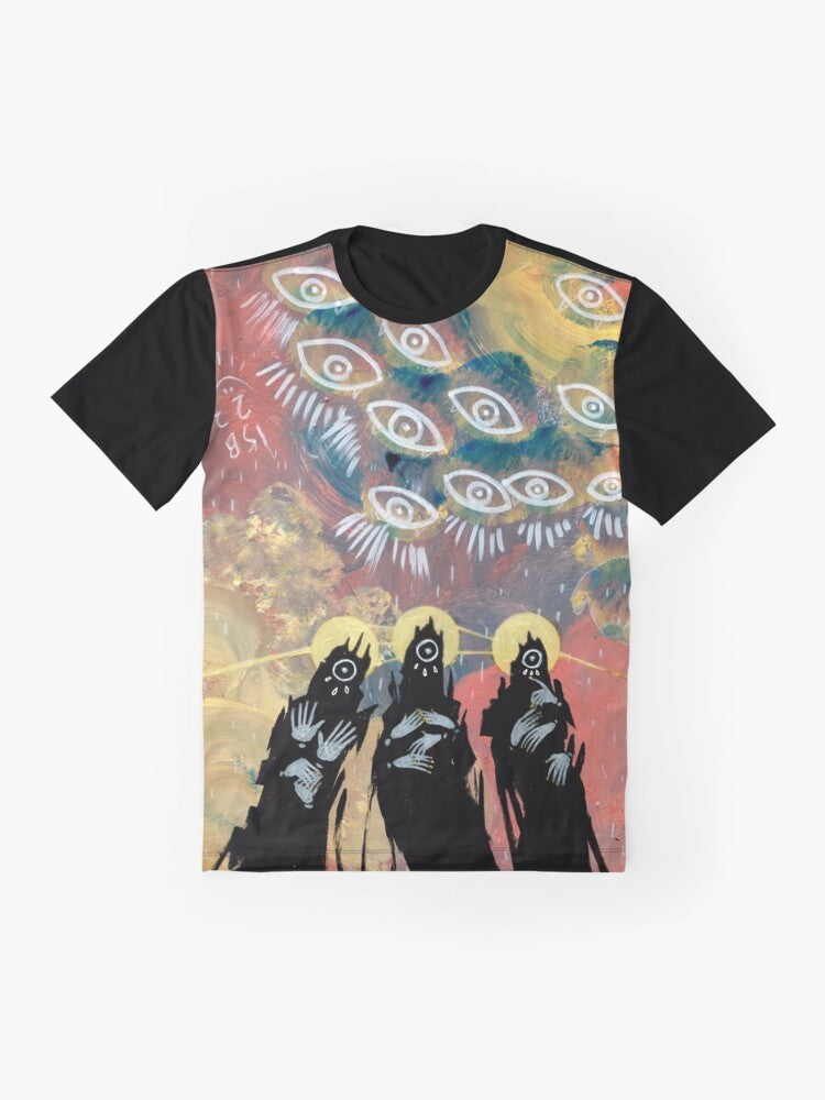 A graphic t-shirt featuring an eldritch, creepy eye design with a surreal, gothic horror aesthetic. - Flat lay