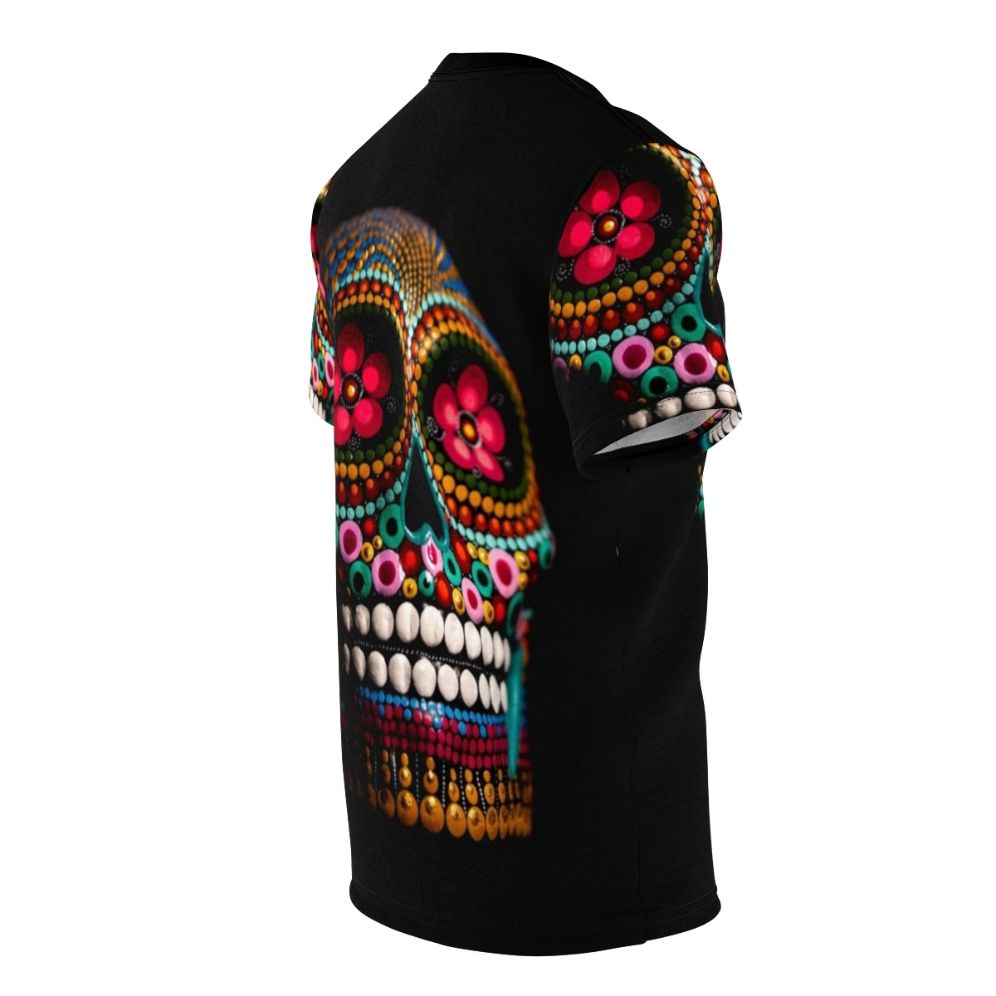 Vibrant, electric-colored sugar skull design on a t-shirt for Day of the Dead celebrations - men right