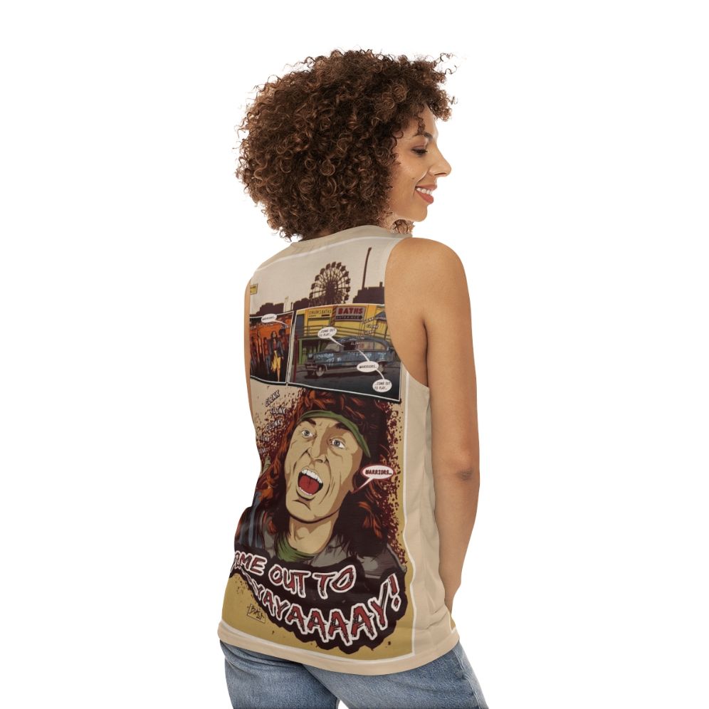 Unisex tank top with "The Warriors" movie quote "Come Out to Play" - women back