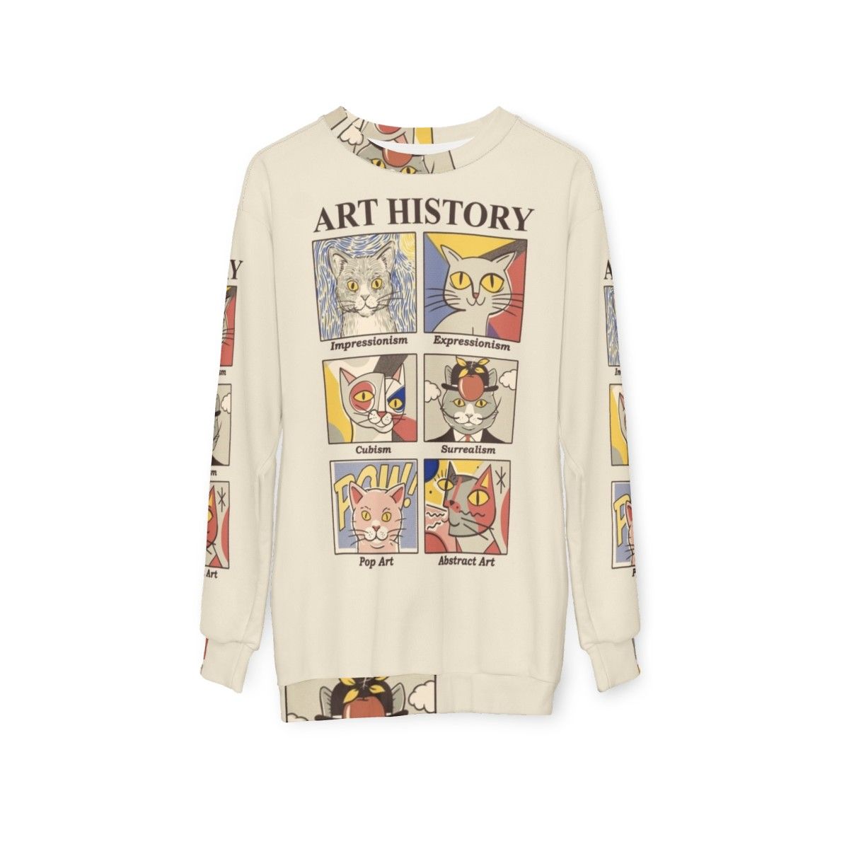 Art History Sweatshirt featuring cats and classic art designs - hanging