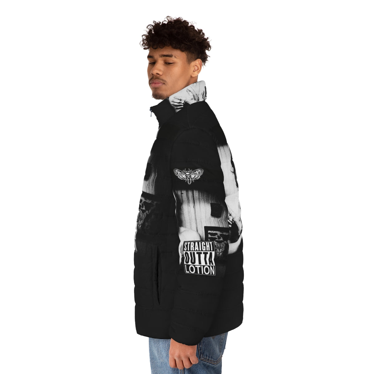 Straight Outta Lotion Puffer Jacket, a stylish and functional winter coat - men side left