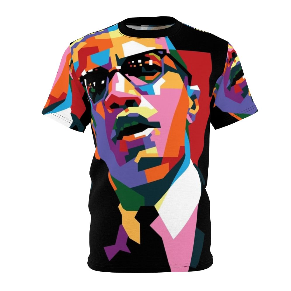 Stylized portrait of civil rights leader Malcolm X on a t-shirt