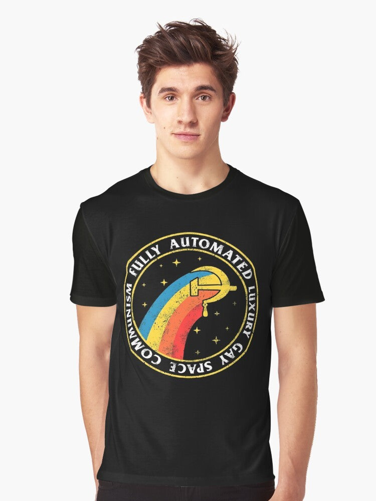 Fully Automated Luxury Gay Space Communism graphic t-shirt design featuring communist and space elements - Men