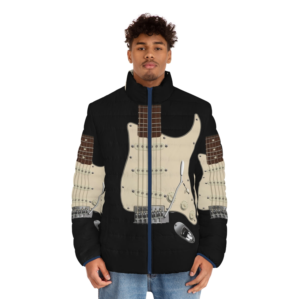 Strat style guitar digital illustration puffer jacket - men front