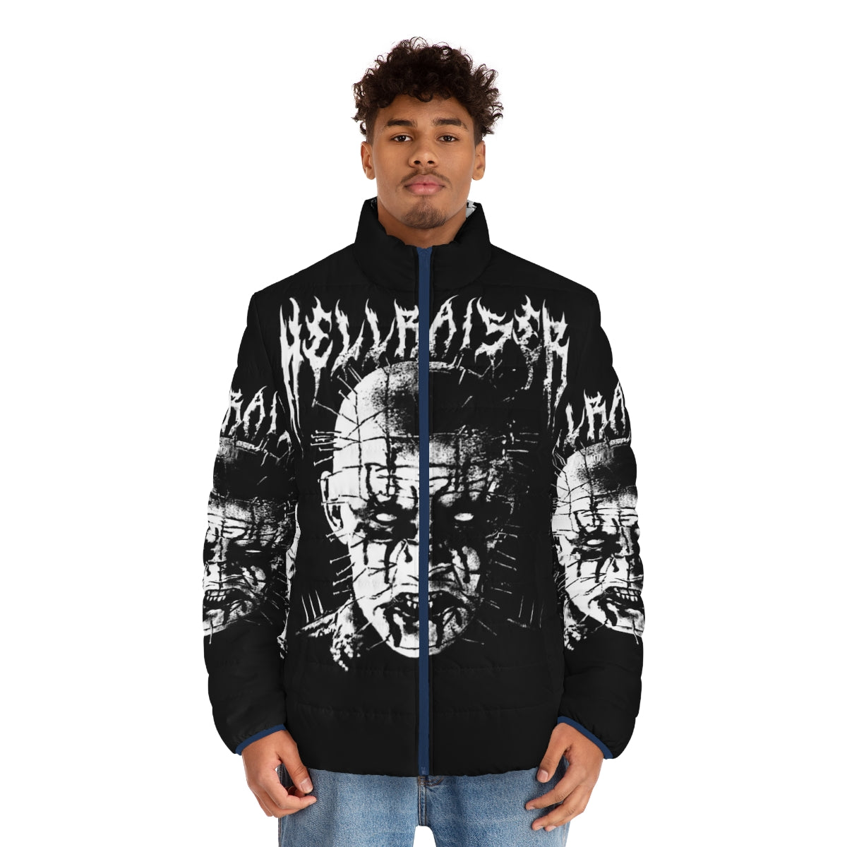 Black Metal Pinhead Puffer Jacket featuring Hellraiser inspired design - men front