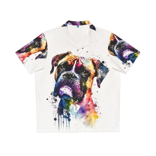 Colorful watercolor portrait of a boxer dog on a Hawaiian shirt