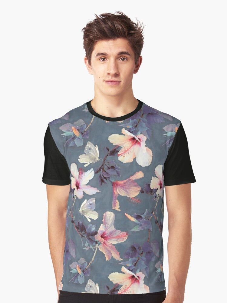 Vibrant painted pattern with hibiscus flowers and butterflies on a graphic t-shirt - Men