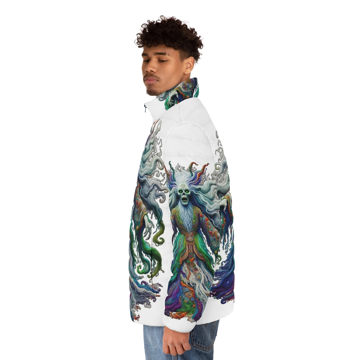 Colorfull puffer jacket with embroidered mythical banshee design - men side left