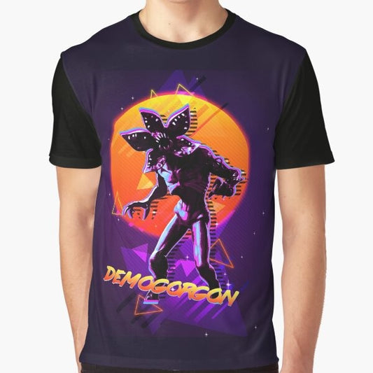 Stranger Things Demogorgon graphic design on a black t-shirt