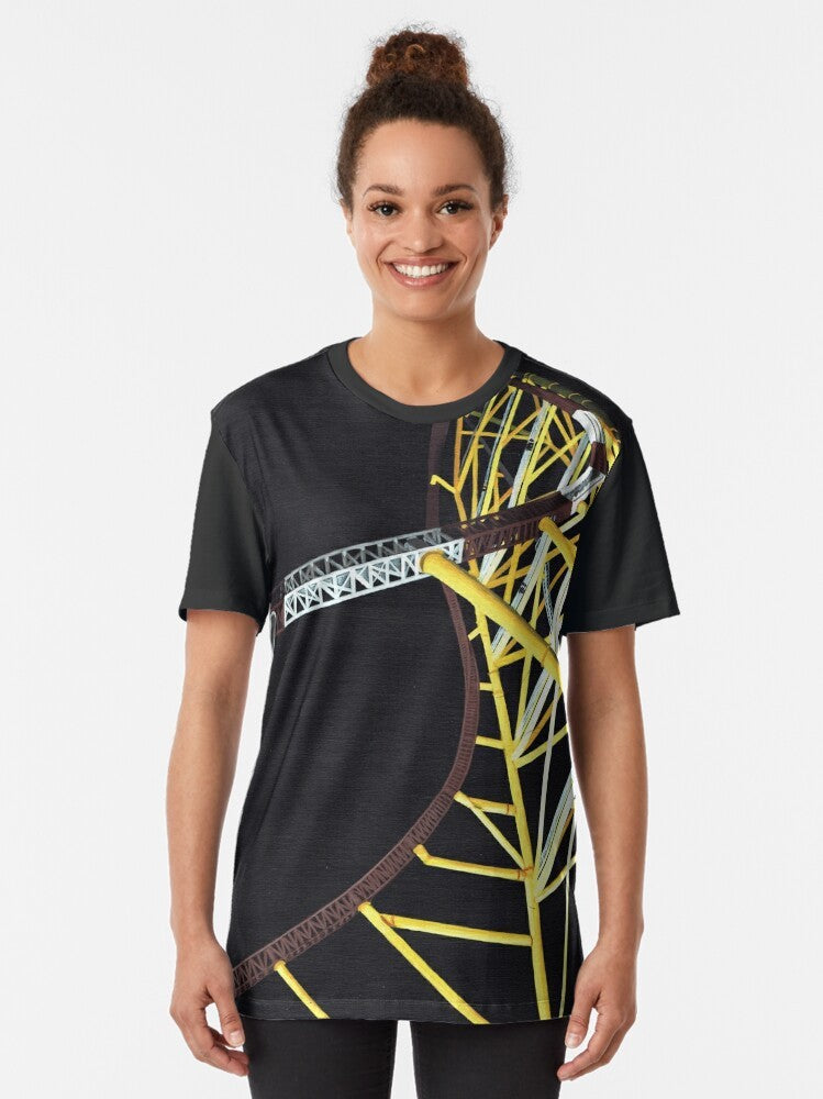 Graphic t-shirt featuring the iconic Top Thrill Dragster roller coaster at Cedar Point theme park - Women