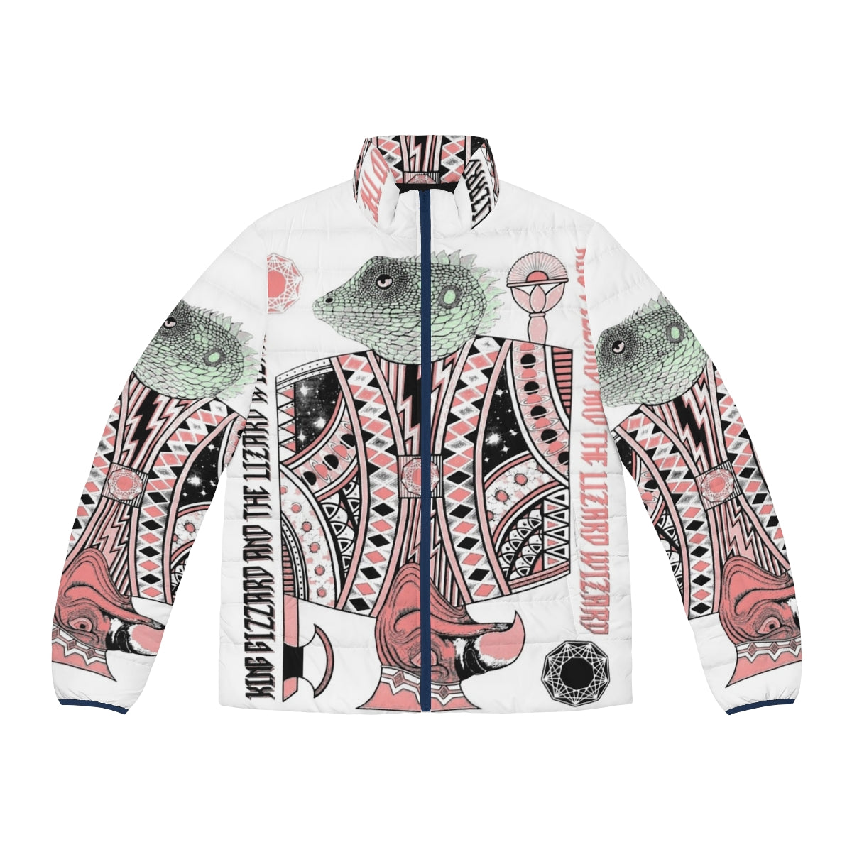 A vibrant puffer jacket featuring the iconic Vocaloid characters Kanaria, King, and Gumi