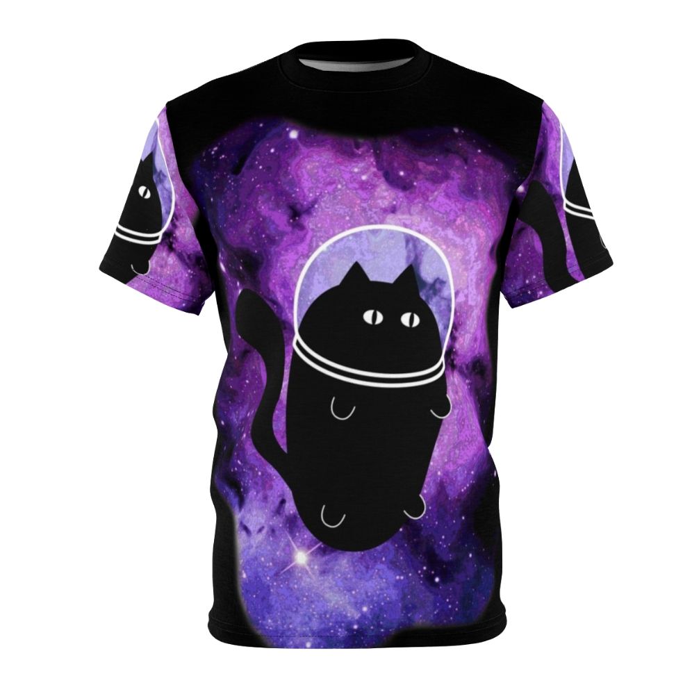 A cat astronaut floating in a galaxy of stars, planets, and nebulae on an all-over print t-shirt