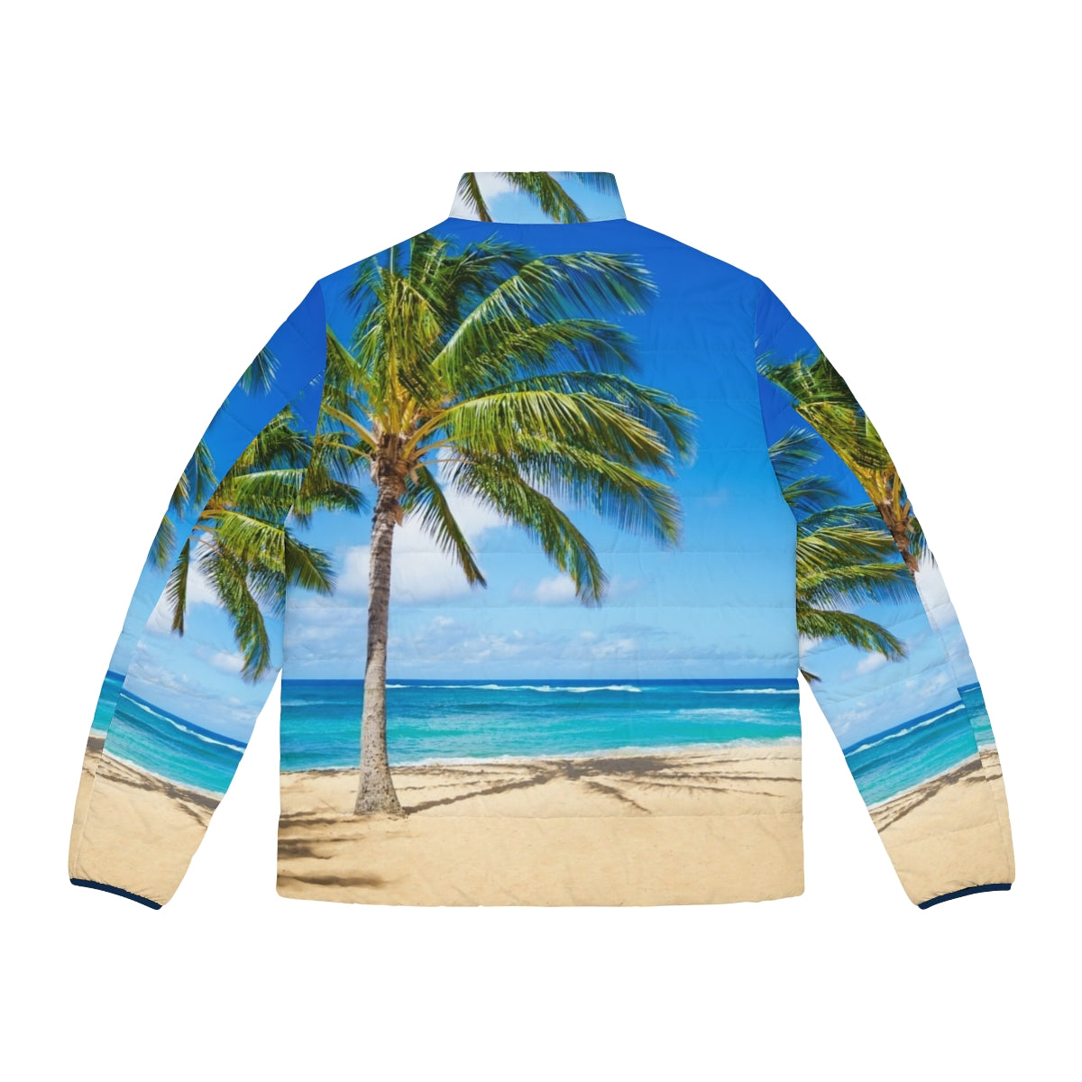 A vibrant puffer jacket featuring a scenic palm tree landscape on a tropical beach in Hawaii - Back