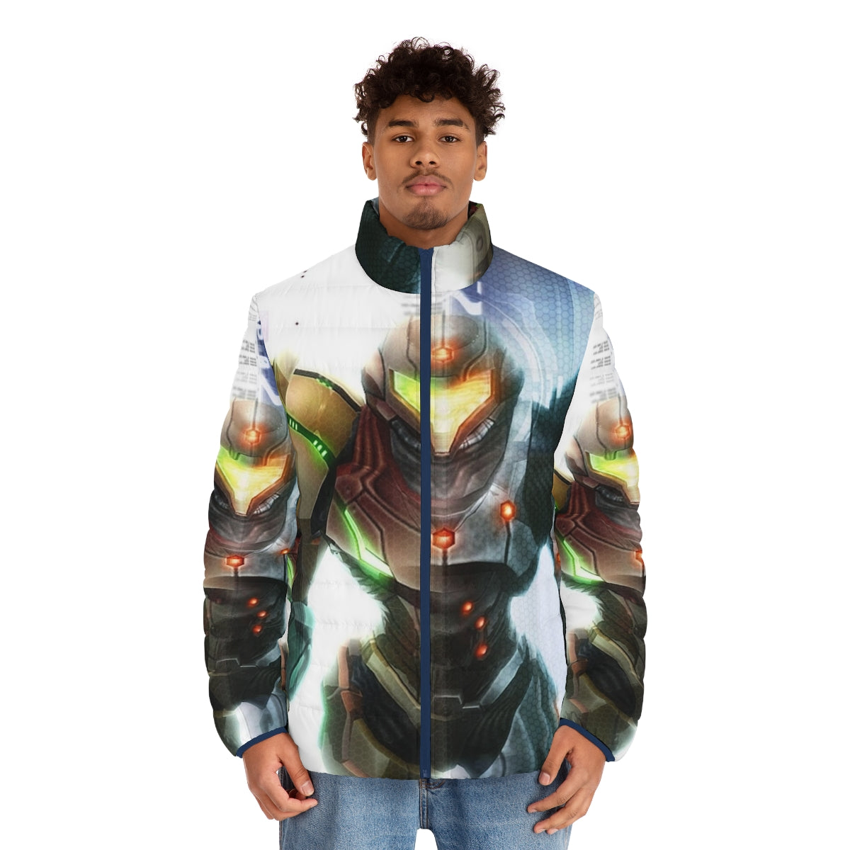 Metroid-themed puffer jacket with futuristic sci-fi design - men front