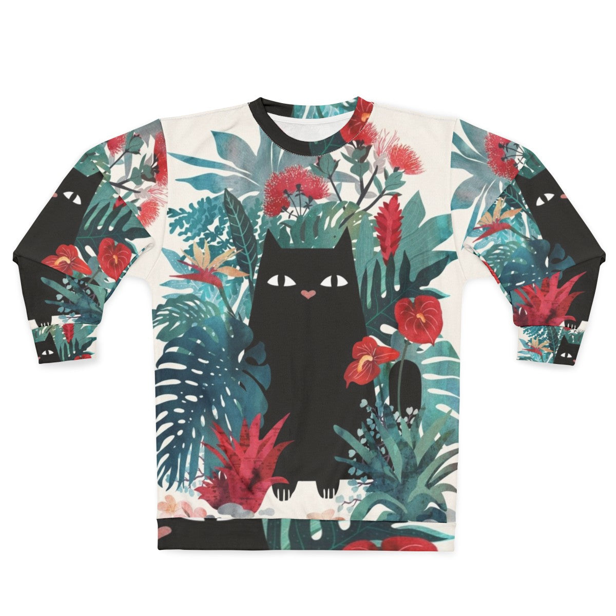 Popoki Black Cat Sweatshirt with Tropical Floral Print