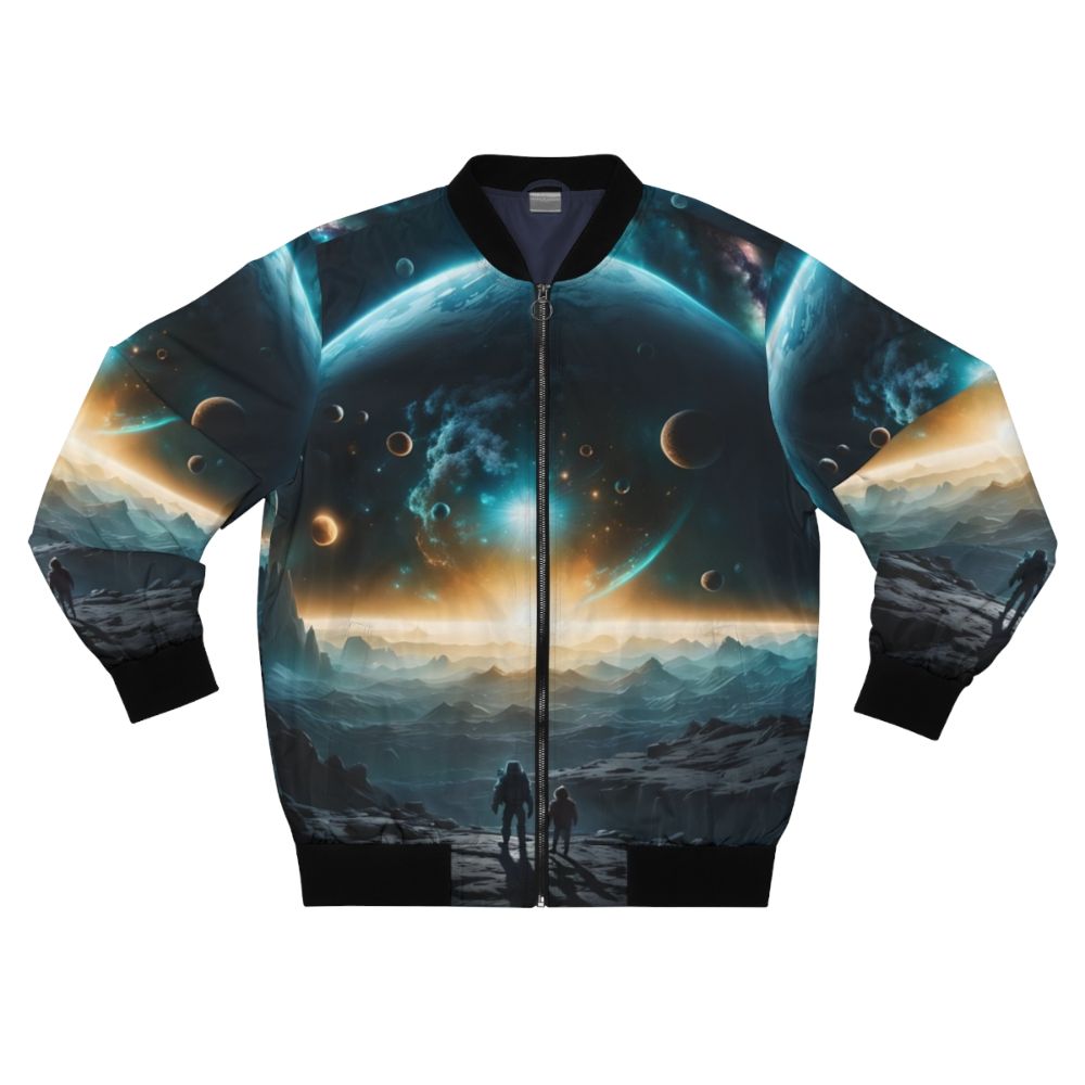 Wanderers sci-fi themed bomber jacket with space, planets, and stars design