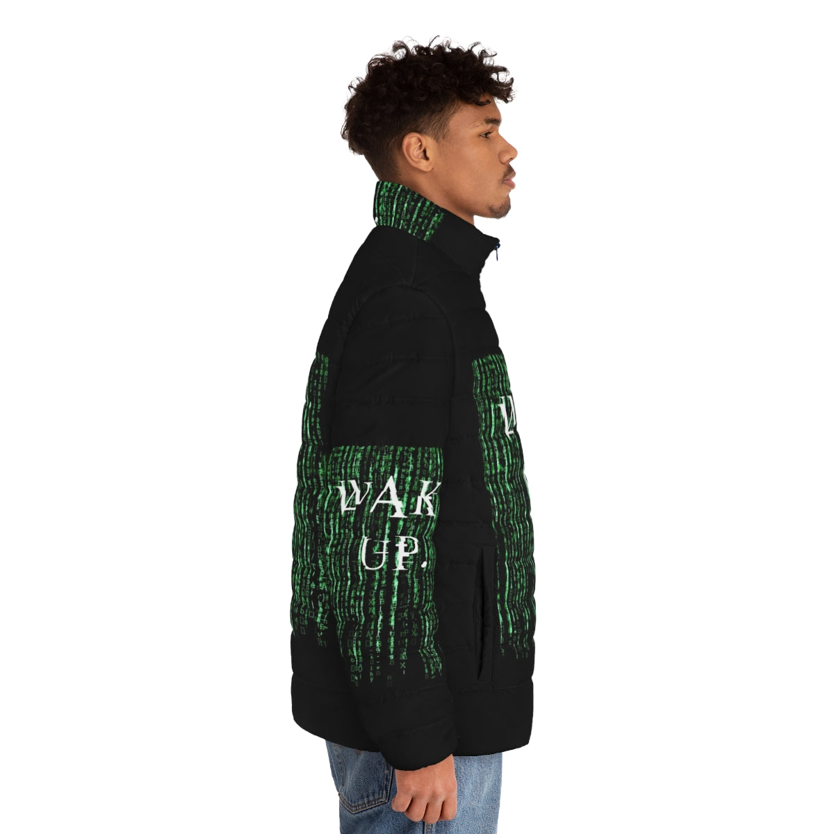 Matrix Neo Wake Up Puffer Jacket, inspired by the iconic The Matrix movie - men side right