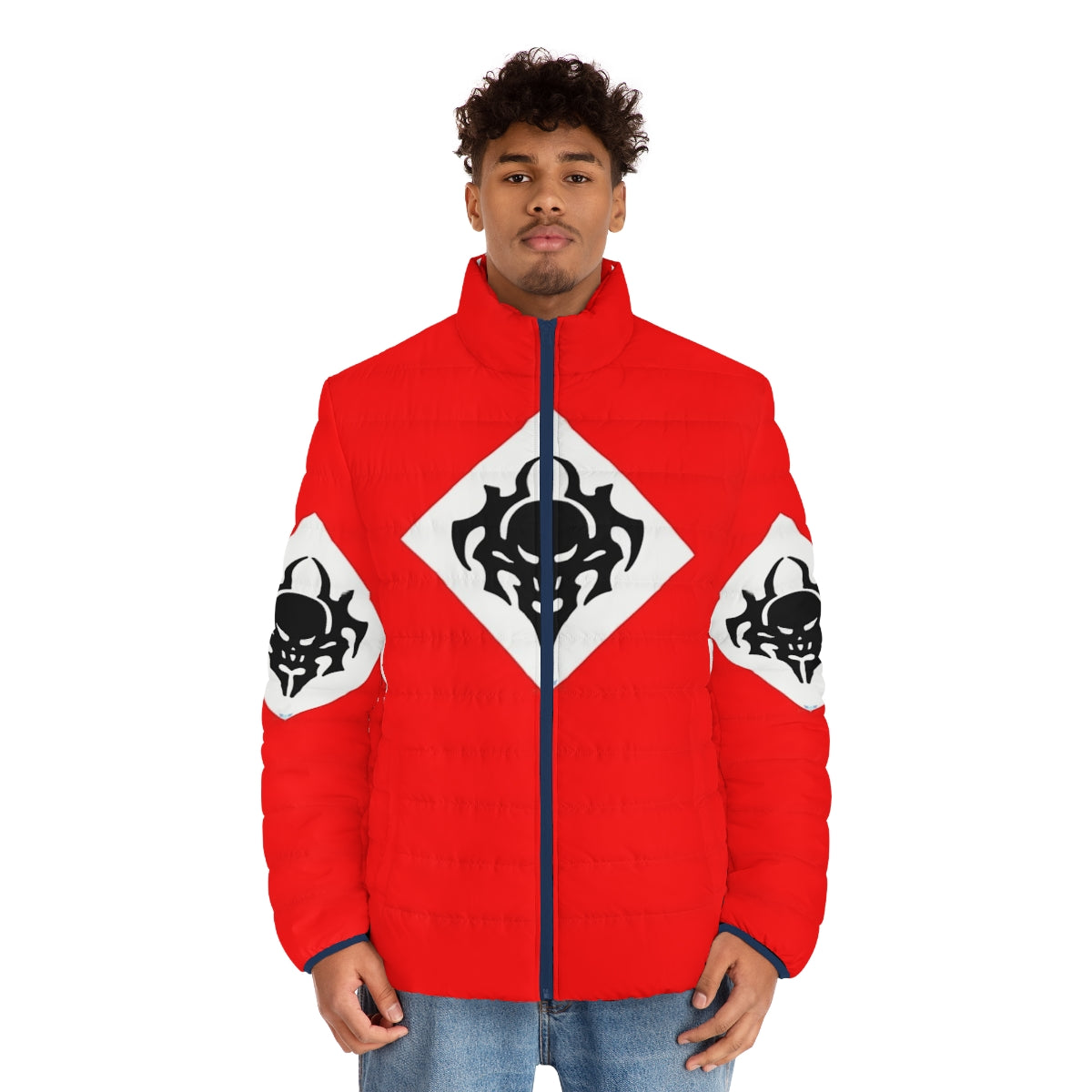 San Ku Kai Stressos 80s Mecha Puffer Jacket featuring robot and spaceship design - men front