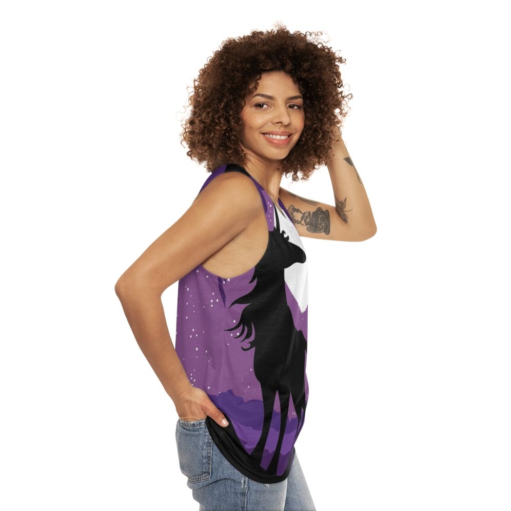 Unisex tank top with a unicorn in a moonlit forest design - women side