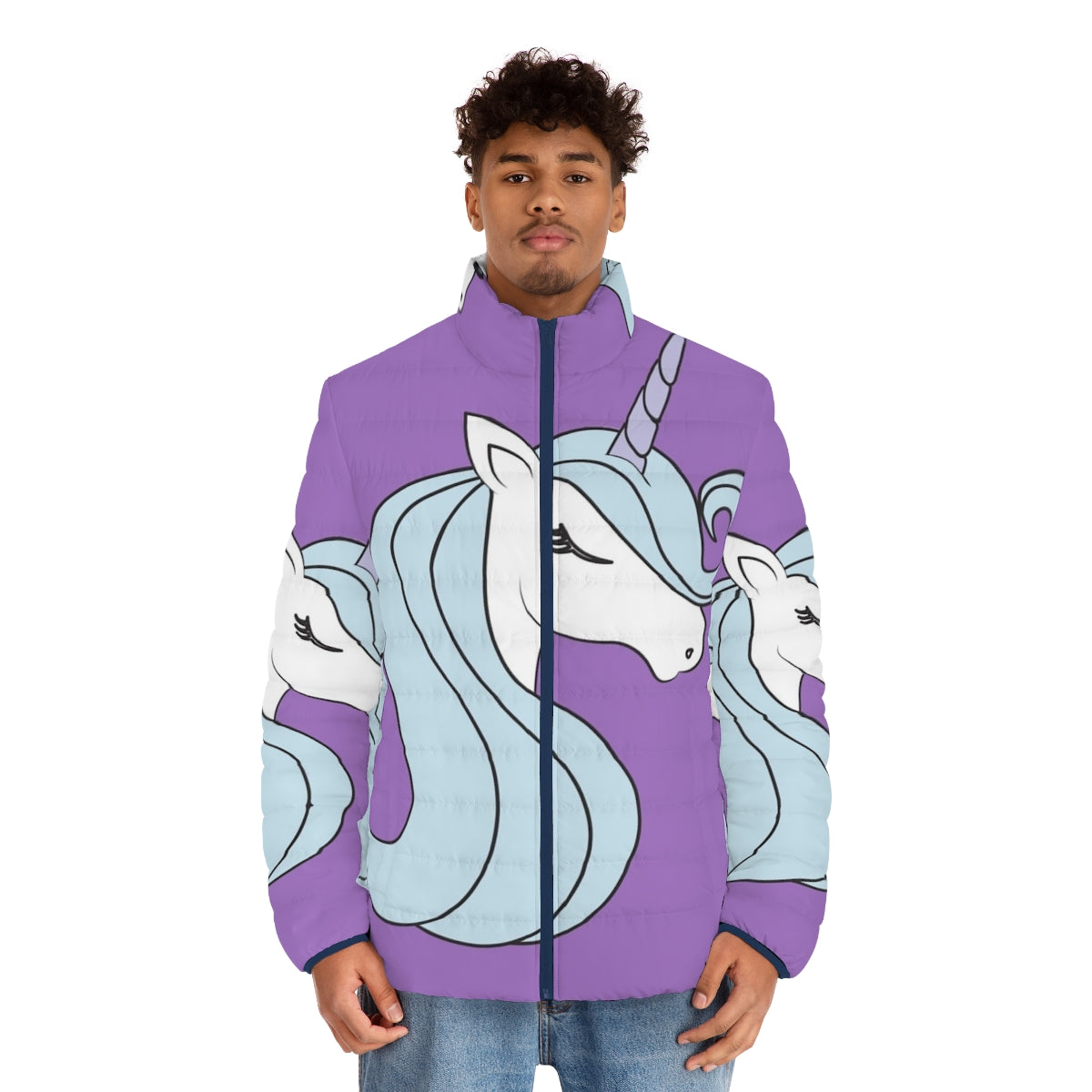 The Last Unicorn Minimalist Puffer Jacket with a unicorn head and horn in purple and blue - men front