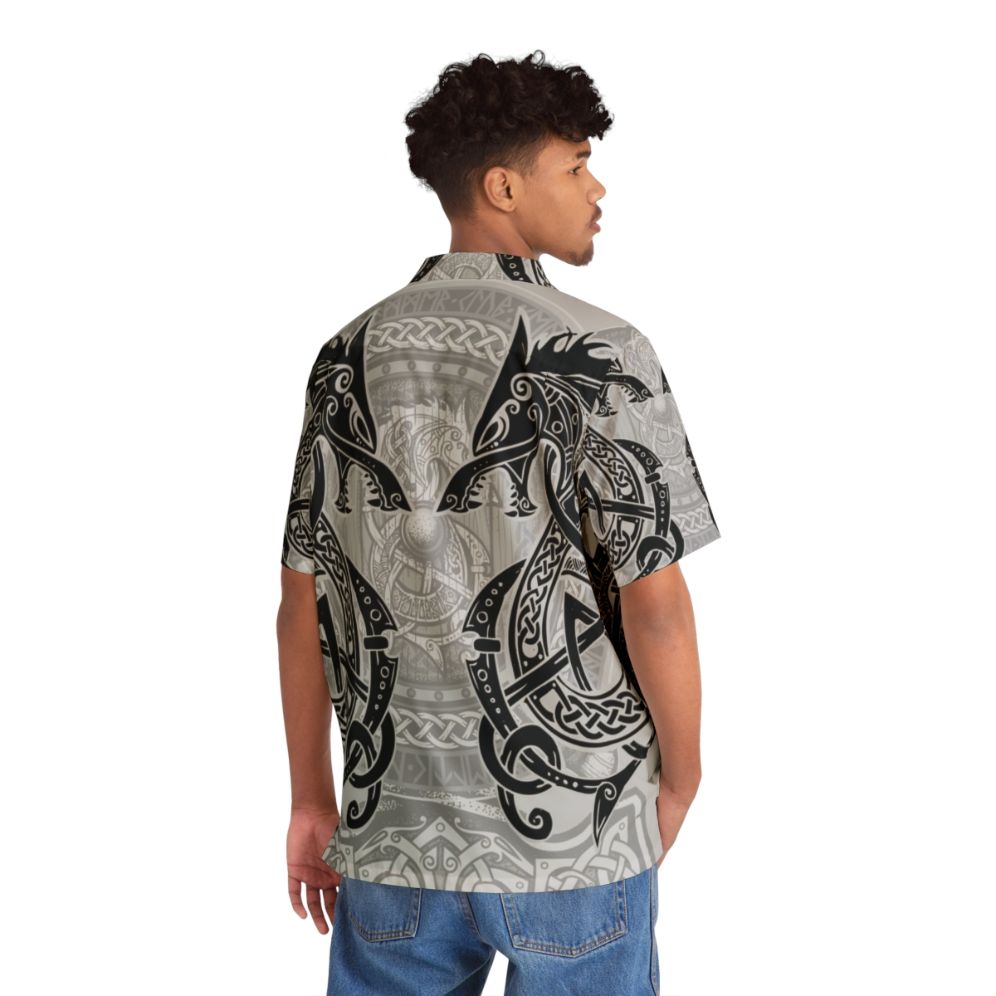 Fighting Fenrir Black Hawaiian Shirt with Norse Mythology Inspired Designs - People Back