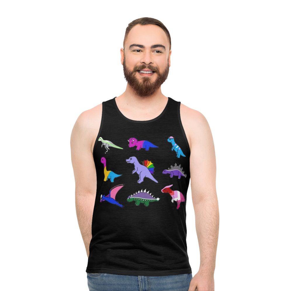 Colorful pride dinosaur print on a unisex tank top - men