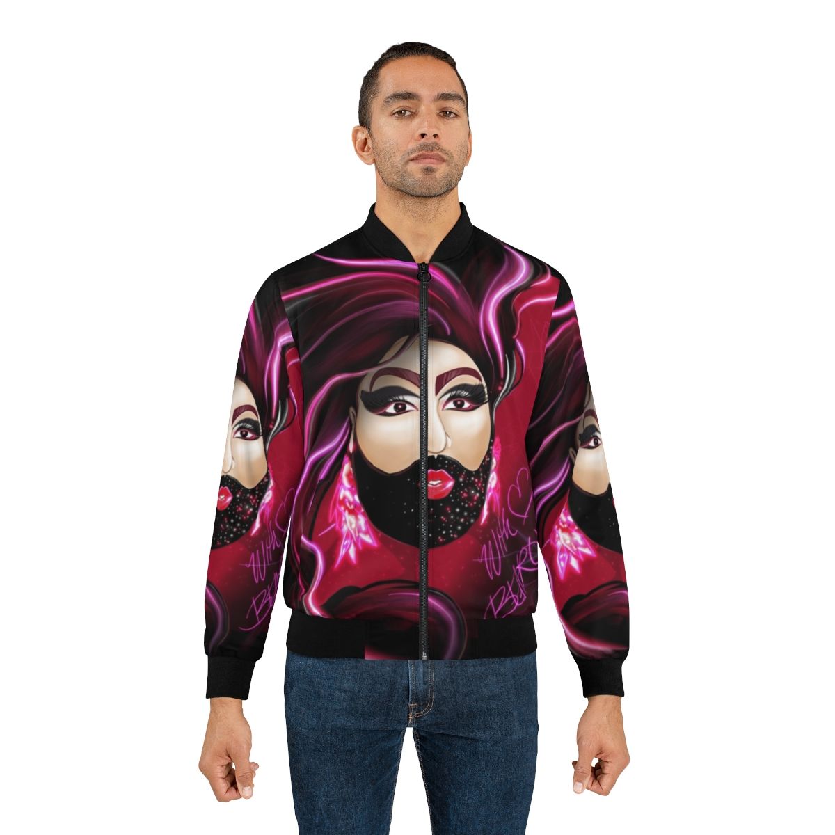 Bearonce bomber jacket featuring a stylized bear and drag queen design - Lifestyle