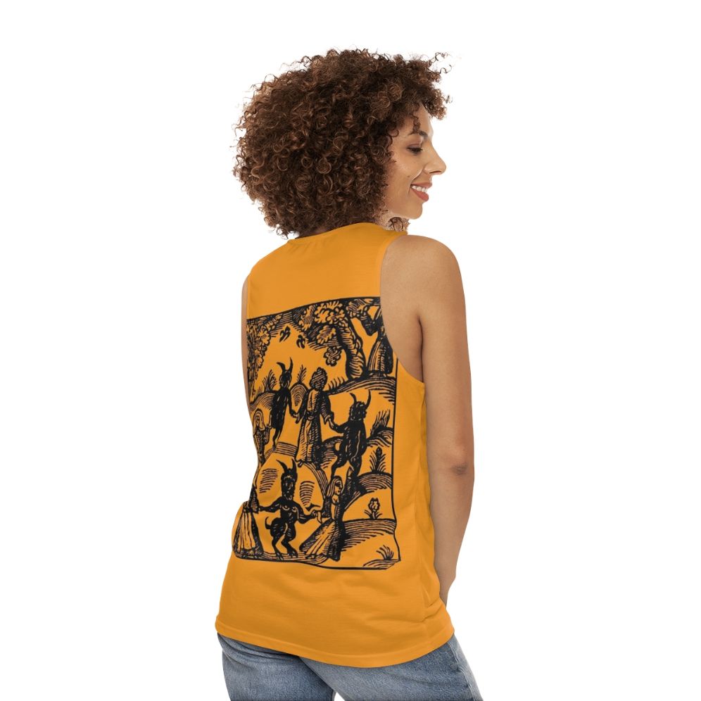 A unisex tank top with a gothic, occult-inspired skeleton dancing design - women back