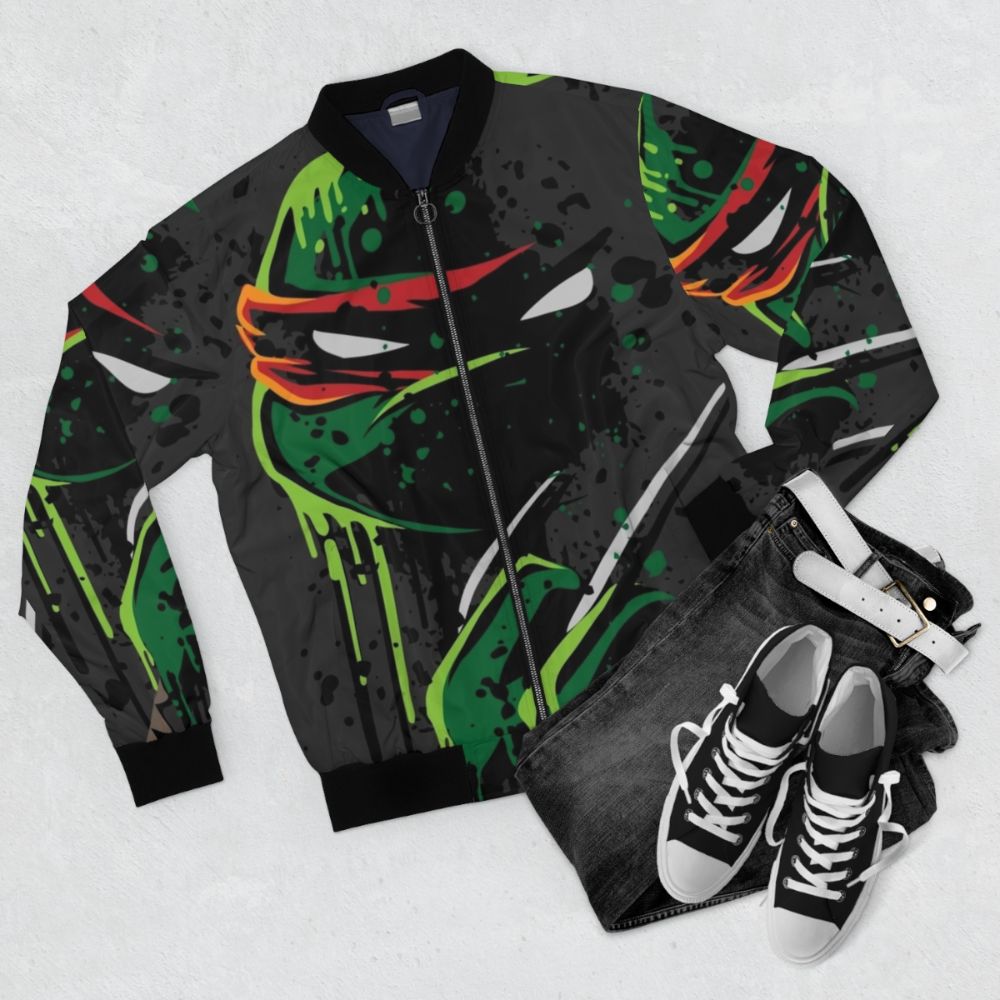 Raphael from the Ninja Turtles wearing a stylish cowabunga bomber jacket - Flat lay