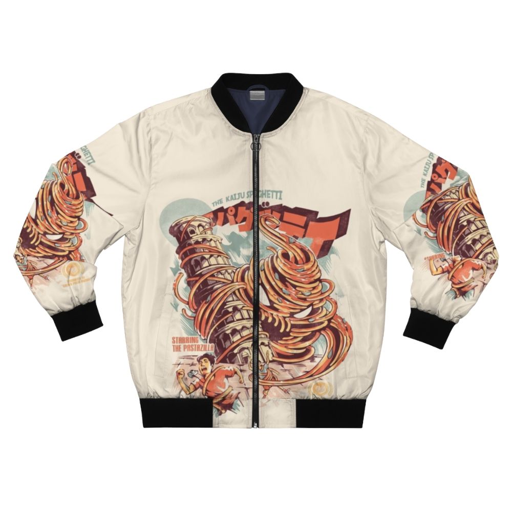 A retro-inspired bomber jacket featuring a graphic of a spaghetti monster, or "kaiju".