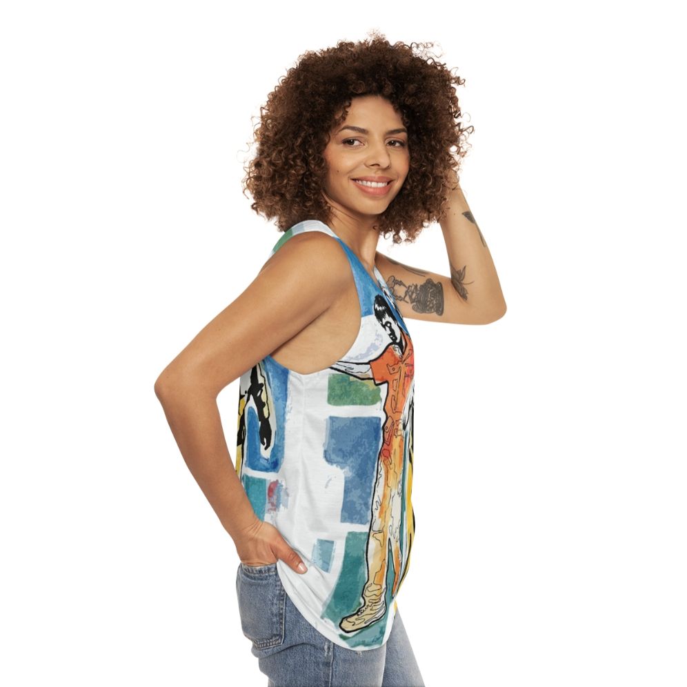 Retro-inspired unisex tank top with Air Moon Safari graphic design - women side