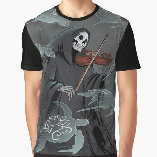 Grim reaper holding a violin with a dark, gothic symphony design