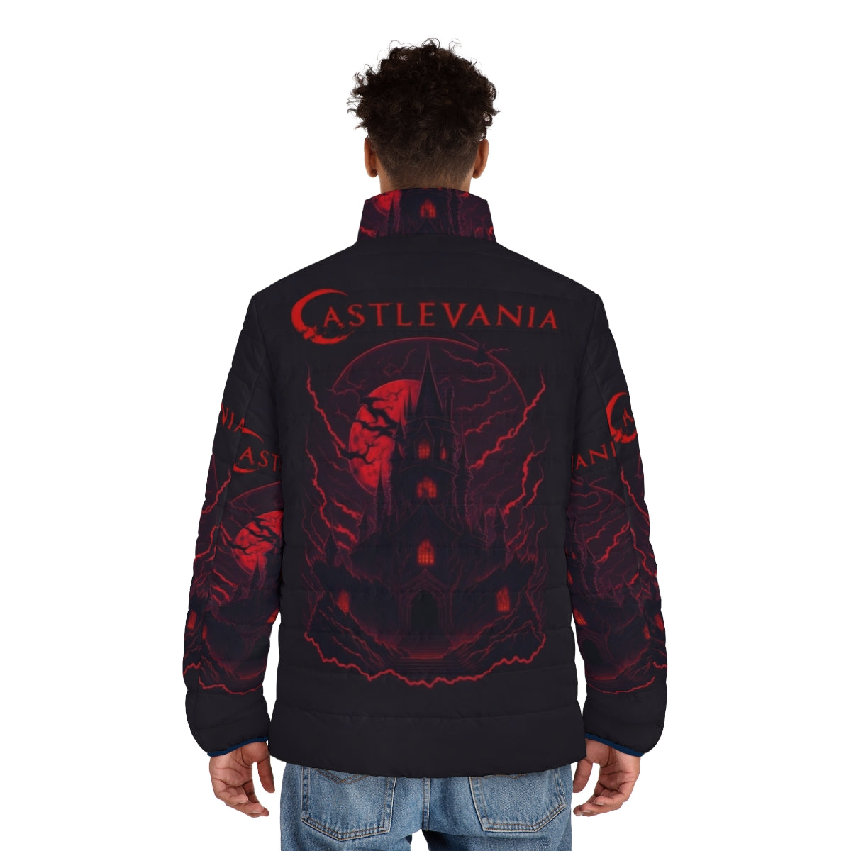 Castlevania Edge of Night Puffer Jacket featuring Alucard, Trevor Belmont, and Sypha Belnades - men back