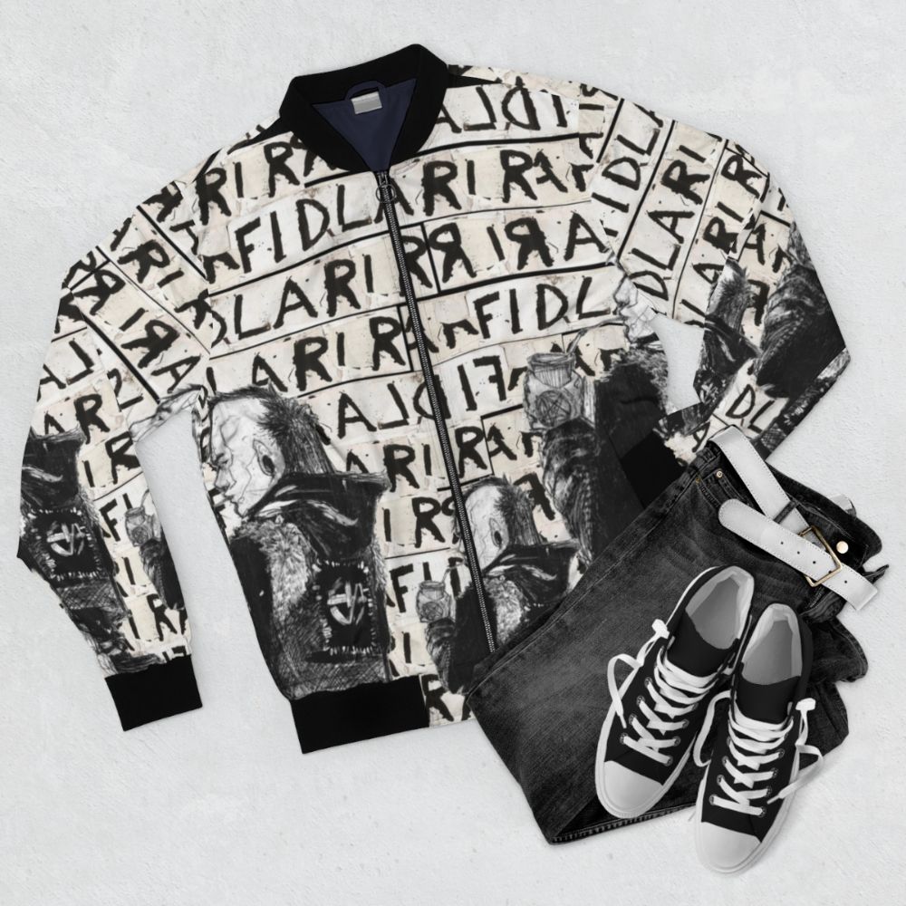 FIDLAR inspired bomber jacket with punk and indie music design - Flat lay