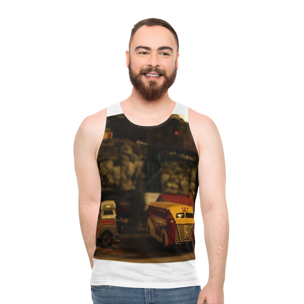 Unisex tank top with parked train design for model train hobbyists - men