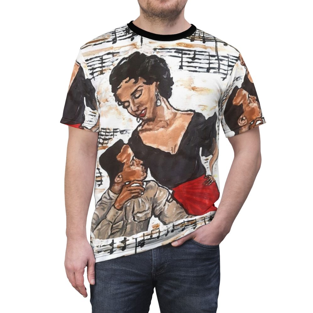 Vintage-inspired T-shirt featuring a Carmen Jones-themed design with musical elements and references to Black Hollywood glamour. - men front