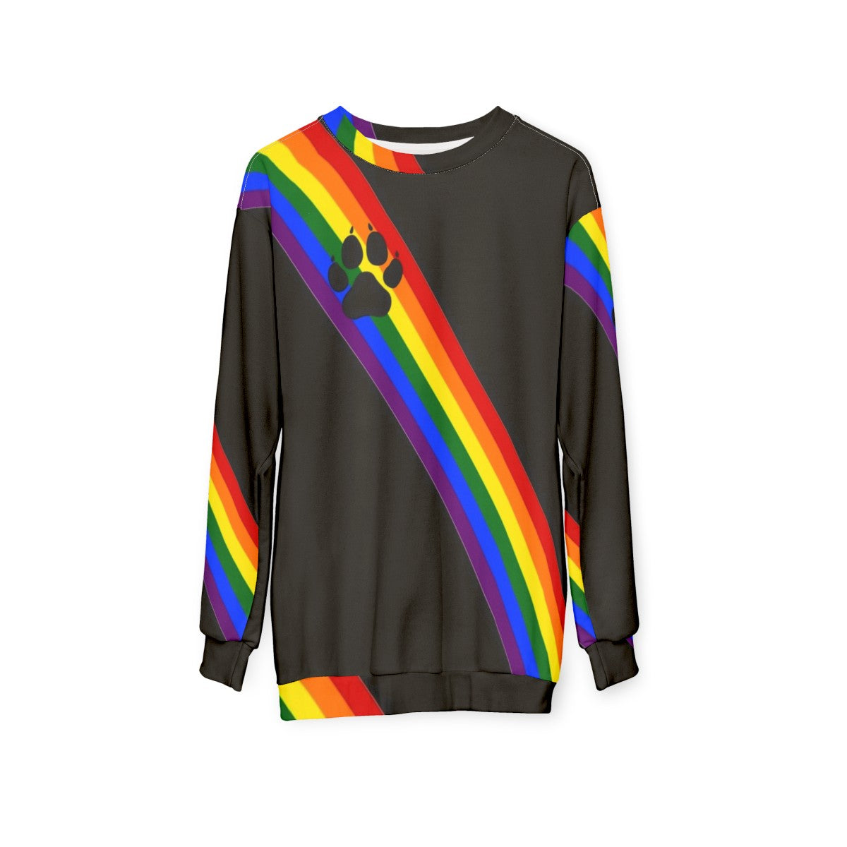 Colorful rainbow sweatshirt with puppy sash design for LGBTQ+ pride - hanging