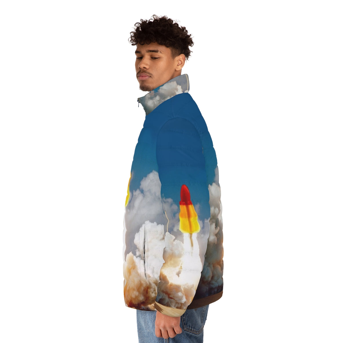 Rocket Lolly Puffer Jacket featuring a space shuttle design - men side left