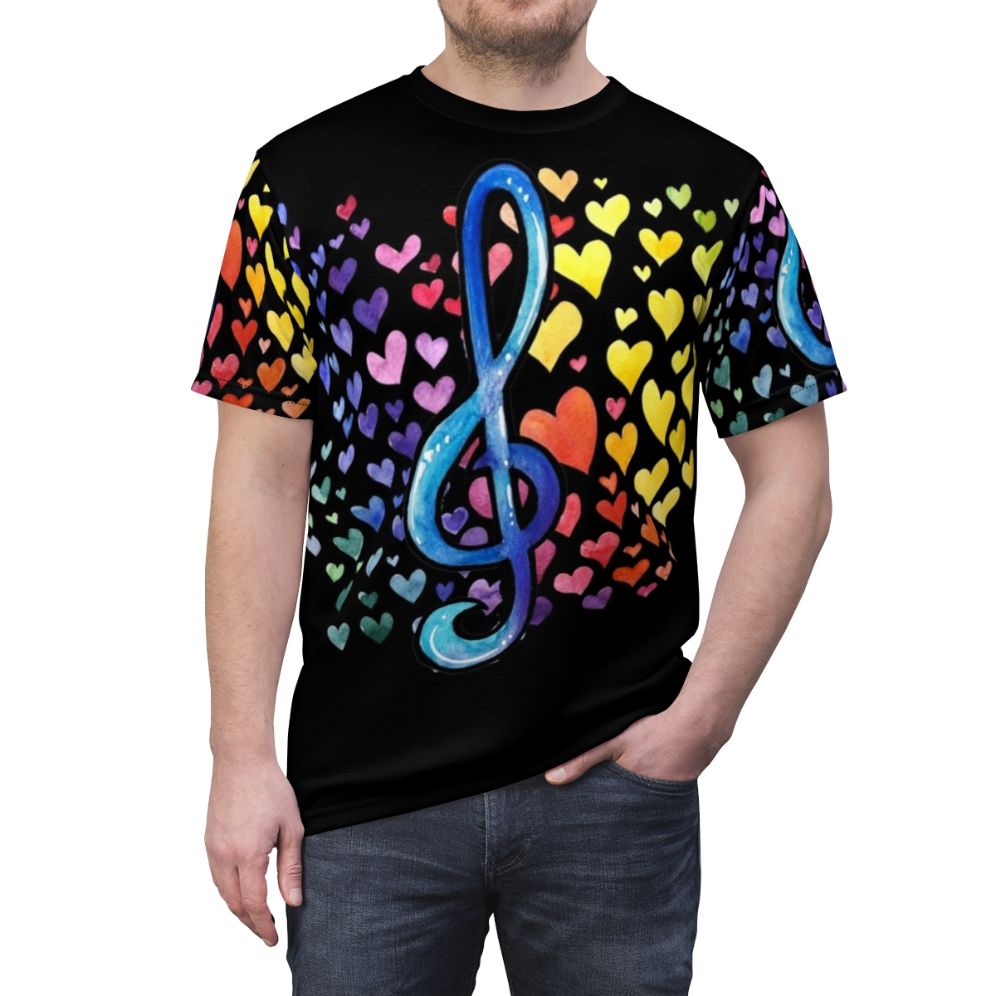 Colorful t-shirt design featuring a heart and musical notes representing the love of music - men front