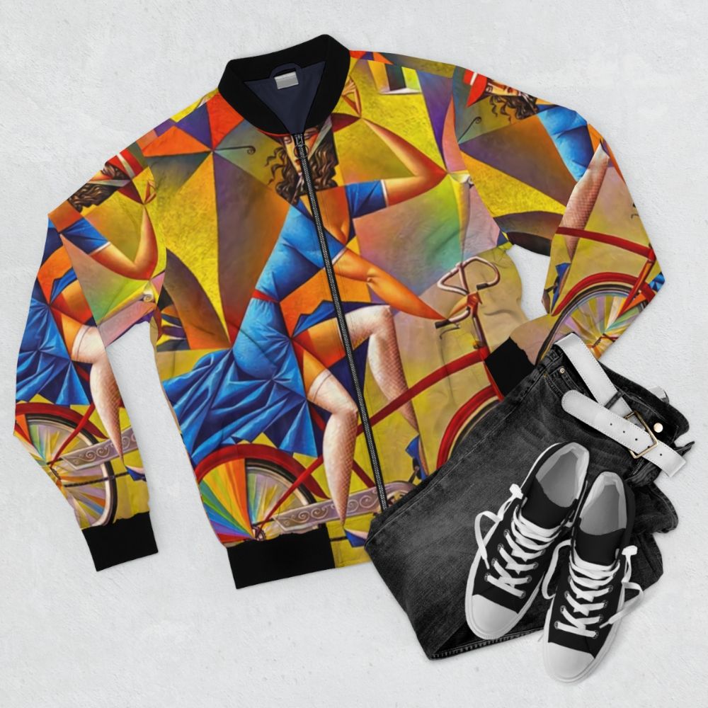 Contemporary bicycle bomber jacket designed by Georgy Kurasov, featuring colorful, emotive, and cubic art elements. - Flat lay