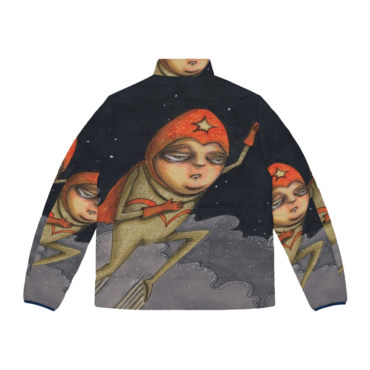 A puffer jacket featuring a hand-drawn superhero design with a cape and bold graphics - Back