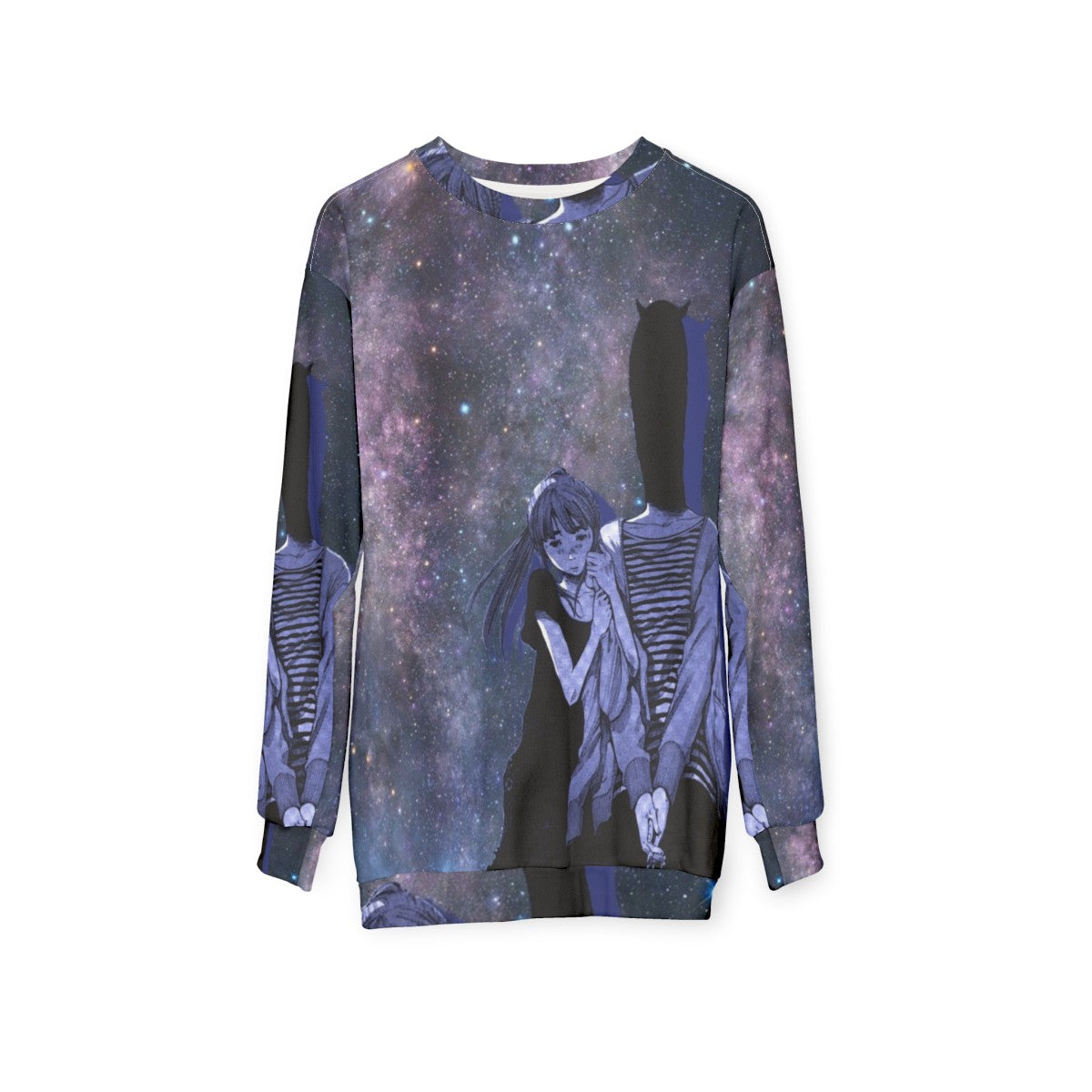 Galaxy night sky sweatshirt with Inio Asano's Punpun design - hanging