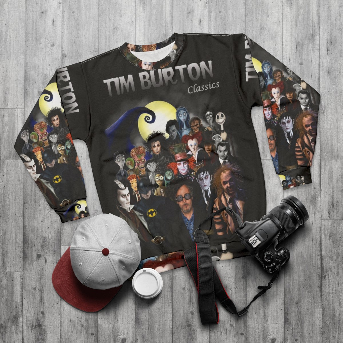 Tim Burton Classics Sweatshirt featuring gothic imagery and movie themes - flat lay