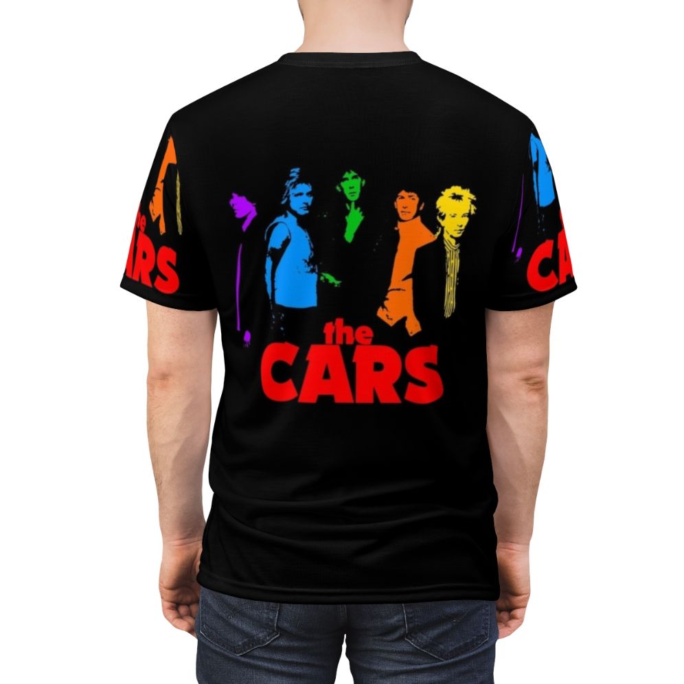 Vintage style t-shirt featuring a graphic design of The Cars, a popular new wave music band from the 1980s. - men back